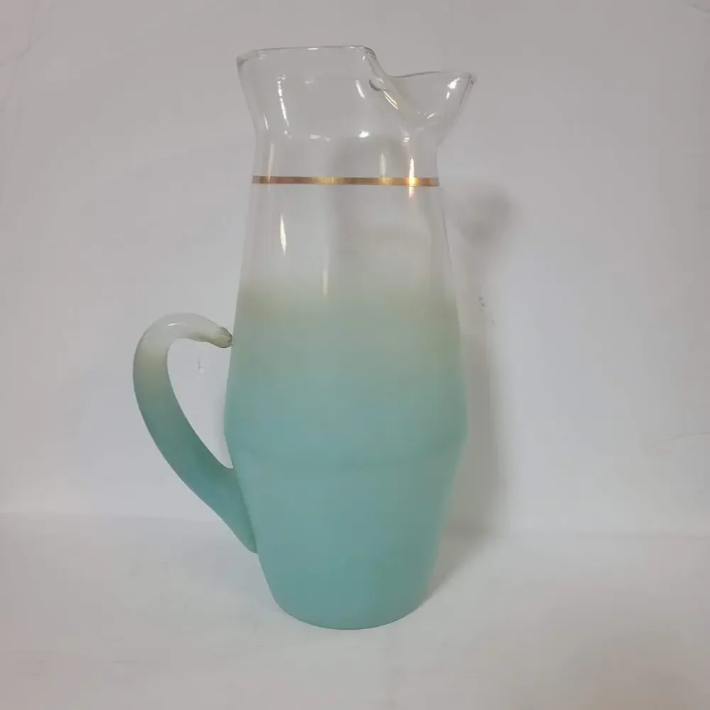 Vintage 1950's Teal Color Frosted Blendo Glass Pitcher With Gold Rim 11.75